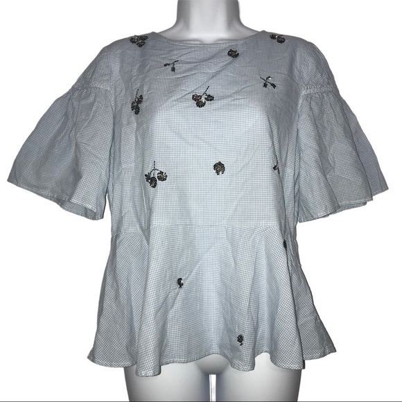 H&M Tops - H&M Gingham Sequin Beaded Peplum Top 10 Blue